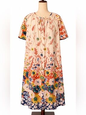 Vintage Floral red Boho Cotton house Dress- M